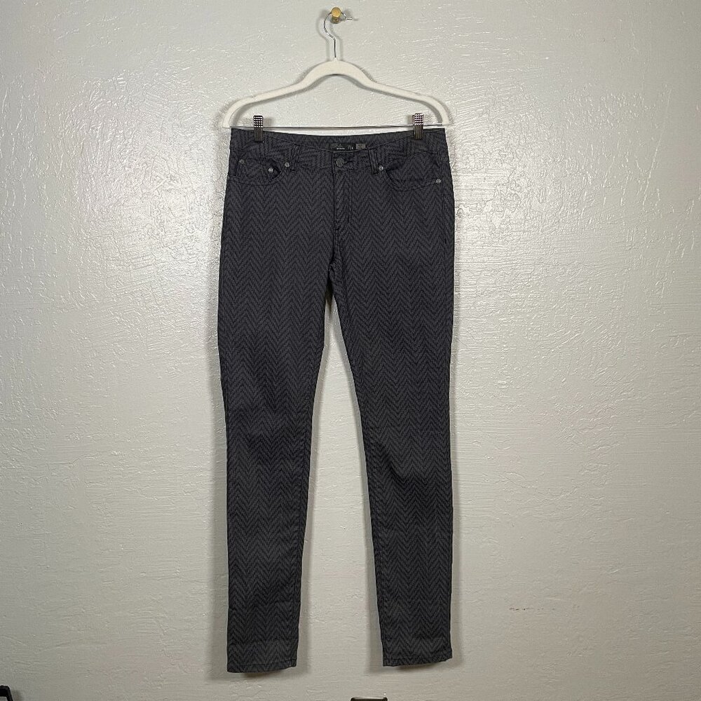 Prana Women 8 Black Gray Kara Printed Skinny Jeans Pants Chevron Stretch Slim